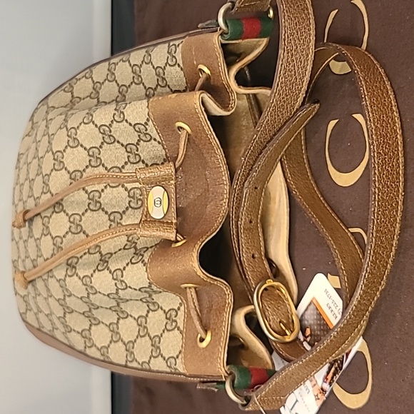 GUCCI ACCESSORIES VINTAGE 70’S WEB SHERRY DRAWSTRING GG SUPREME COATED BUCKETBAG - Picture 9 of 17